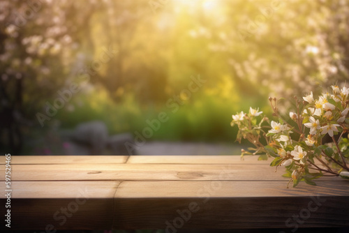 Summer garden with flowering tree and blurred background with empty wooden table with free space for product display and mockup, copy space, small depth of field, ai generated – human enhanced