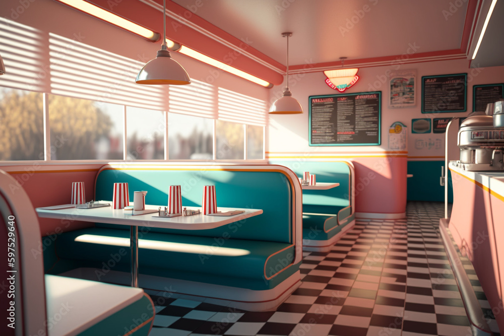 Illustration of the interior of a retro 50s restaurant. No visitors. The interior of the restaurant uses a pink and turquoise tone color theme.
 - obrazy, fototapety, plakaty 
