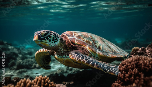 Green sea turtle swimming in tropical reef generated by AI