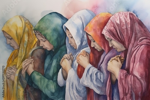 Watercolor drawing of a group of women praying photo