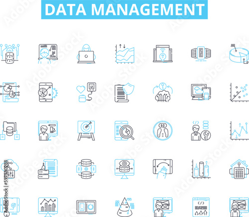Data management linear icons set. Organization, Structuring, Integration, Analysis, Cleansing, Validation, Governance line vector and concept signs. Storage,Retrieval,Backup outline Generative AI