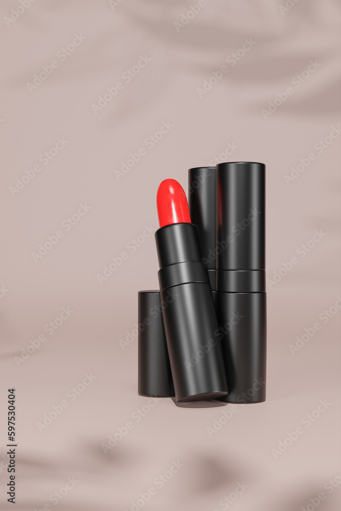 Obraz premium The red lipstick is placed on a pink background for advertisement. 3d rendering.
