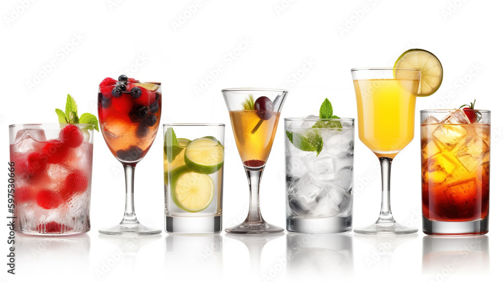 Cocktails collection assortment, classic tropical drinks set isolated on white background