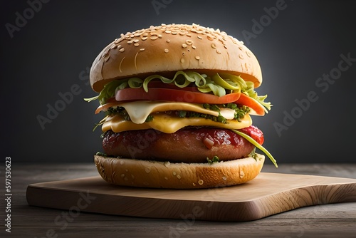 Shoot of a crispy Burger on a wooden Table and clean gray Background.