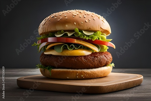 Shoot of a crispy Burger on a wooden Table and clean gray Background.
