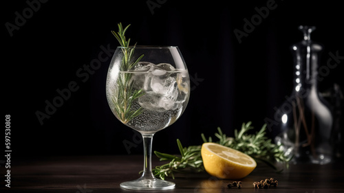 Gin Tonic alcoholic cocktail bar drink in glass, with dry gin, tonic, rosemary, lemon and ice cubes. Black background with copy space