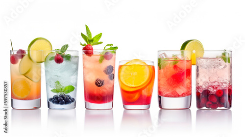 Cocktails collection assortment  classic tropical drinks set isolated on white background