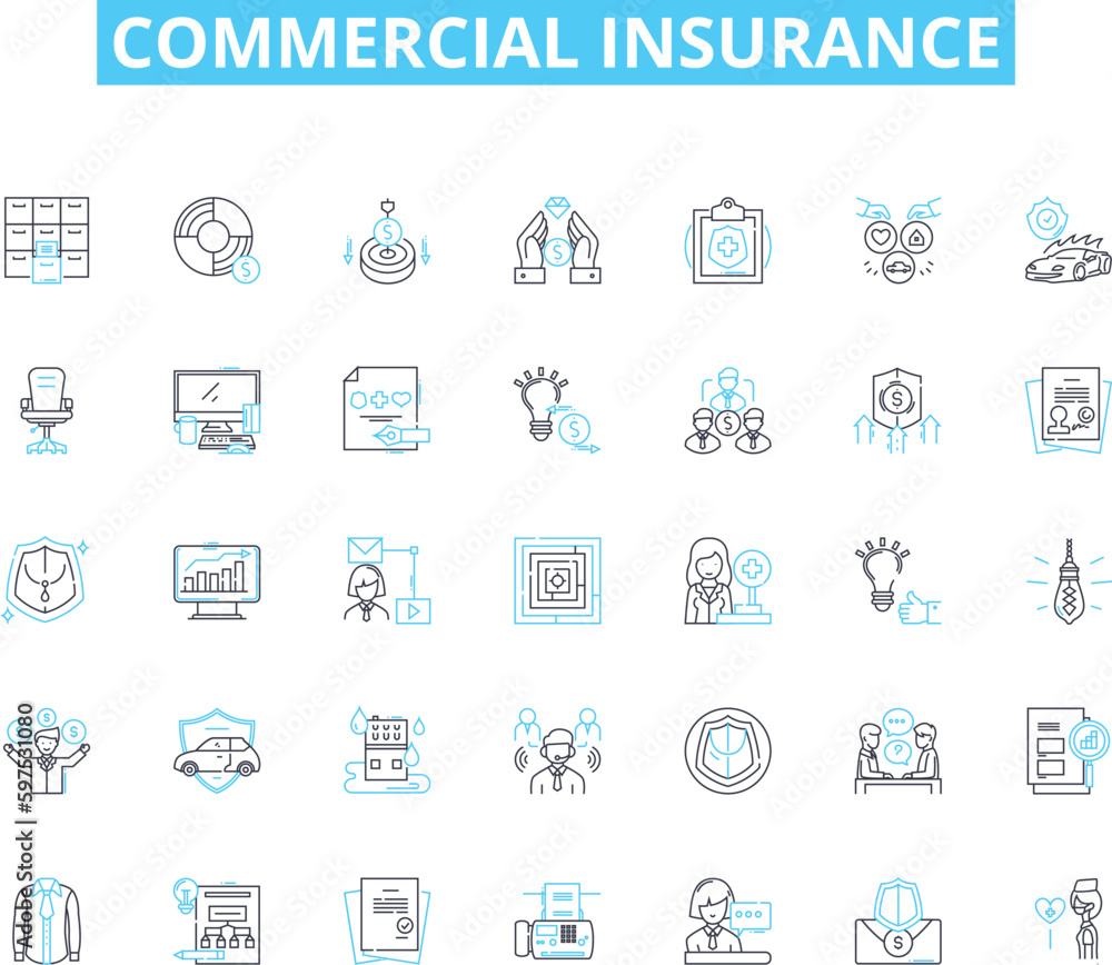 Commercial insurance linear icons set. Protection, Liability, Property, Business, Risk, Policy, Coverage line vector and concept signs. Premium,Claims,Damage outline illustrations Generative AI