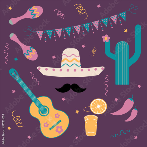 Vector Mexican party set. Isolated on puple backgroung flags, maracas, guitar, stars, blossom cactus, sombrero, mustache, tequila and lemon, serpentine, red hot pepper.