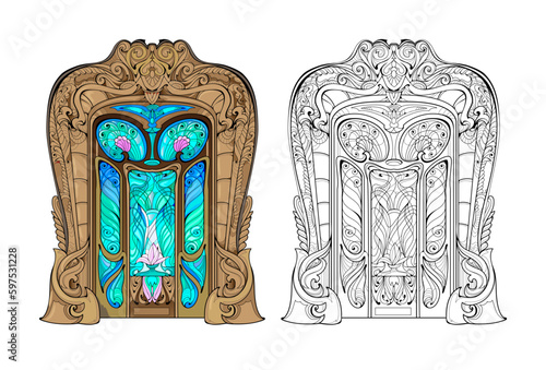 Colorful and black and white template for coloring. Illustration of a rich ornate Art Deco stained glass door. French architecture. Worksheet for coloring book for children and adults. Vector image.