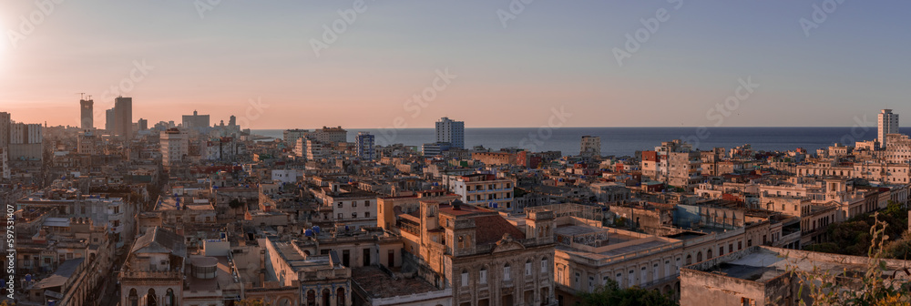 View over the rooftops of Havana in Cuba at sunset with the El National hotel View over the rooftops of Havana in Cuba at sunset with the El National hotel
