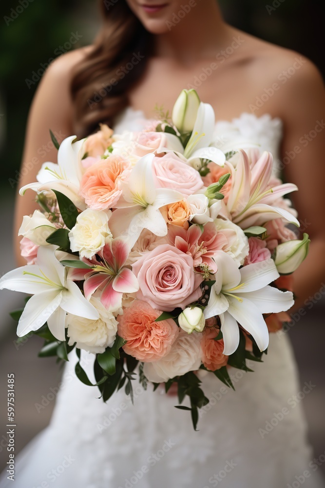The bride is holding a beautiful bouquet. Bridal bouquet - Generative AI The bride is holding a beautiful bouquet. Bridal bouquet - Generative AI
