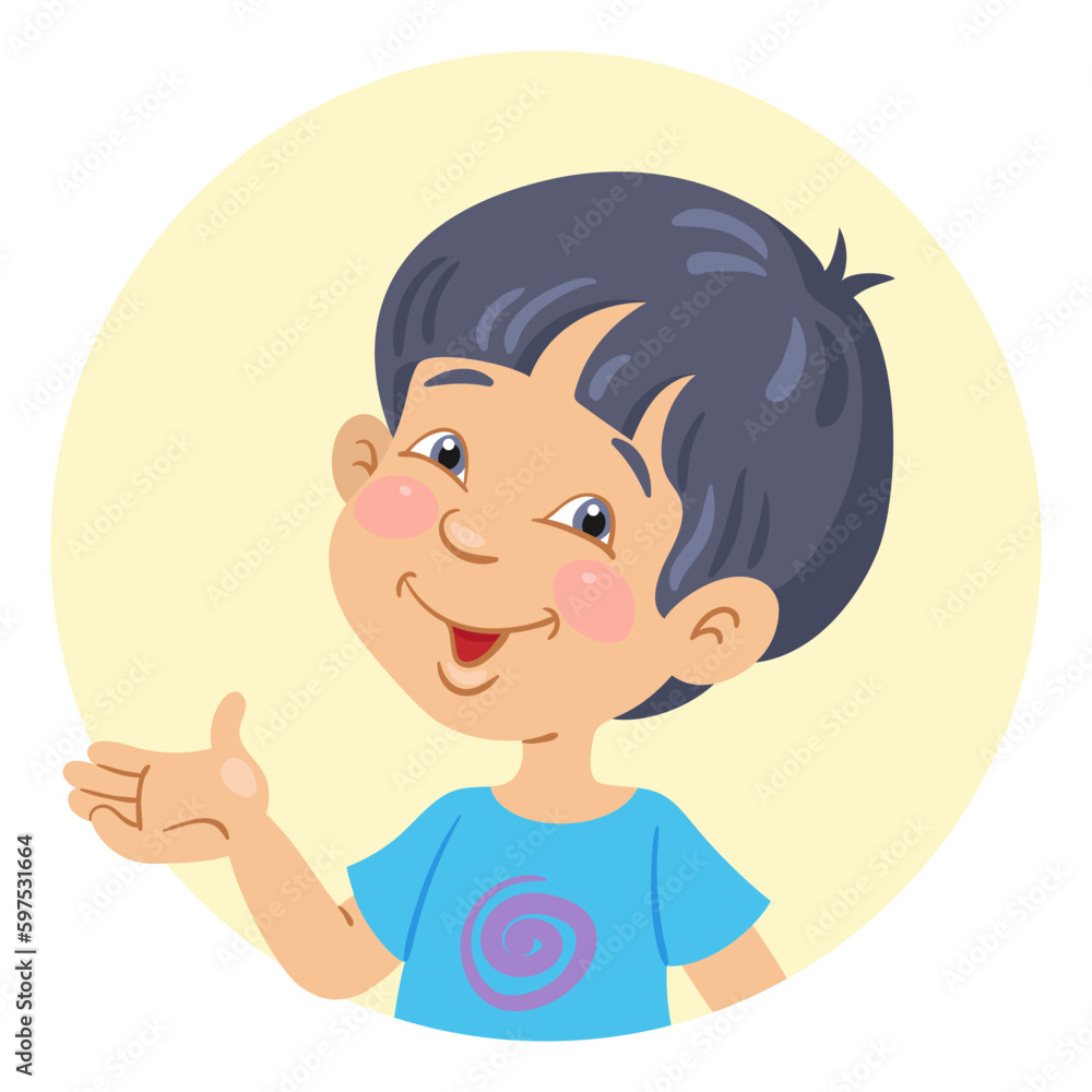 Portrait of a cute smiling Asian boy. Avatar icon in a circle. In cartoon style. Isolated on white background. Vector flat illustration. Portrait of a cute smiling Asian boy. Avatar icon in a circle. In cartoon style. Isolated on white background. Vector flat illustration.