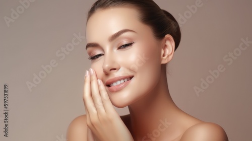 Portrait of woman, skincare and beauty cosmetics for shine, wellness or healthy glow on studio background. Happy model touching face after facial laser aesthetics, chemical peel and clean dermatology.