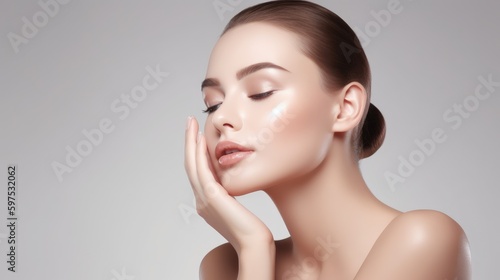 Portrait of woman, skincare and beauty cosmetics for shine, wellness or healthy glow. Happy model touching face after facial laser aesthetics, chemical peel and clean dermatology. Generative AI