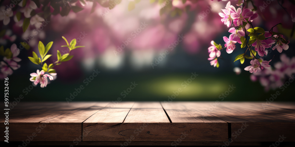 Wooden table with blurry flower background for product display , Generative AI