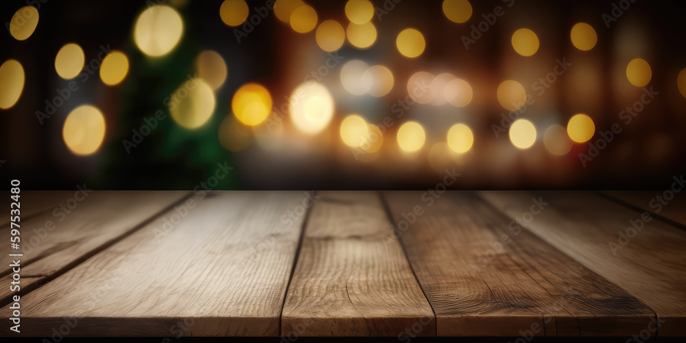 Wooden table with blurry background and snow for product display , Generative AI Wooden table with blurry background and snow for product display , Generative AI