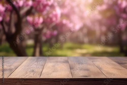 Wooden table with blurry flower background for product display , Generative AI photo