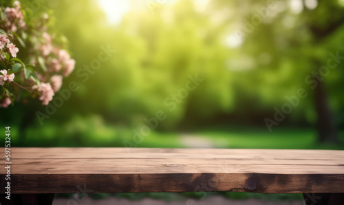 Wooden table with blurry flower background for product display   Generative AI