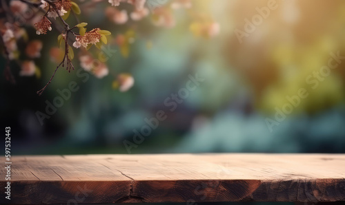 Wooden table with blurry flower background for product display , Generative AI