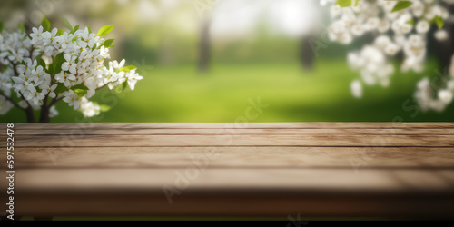 Wooden table with blurry flower background for product display , Generative AI photo