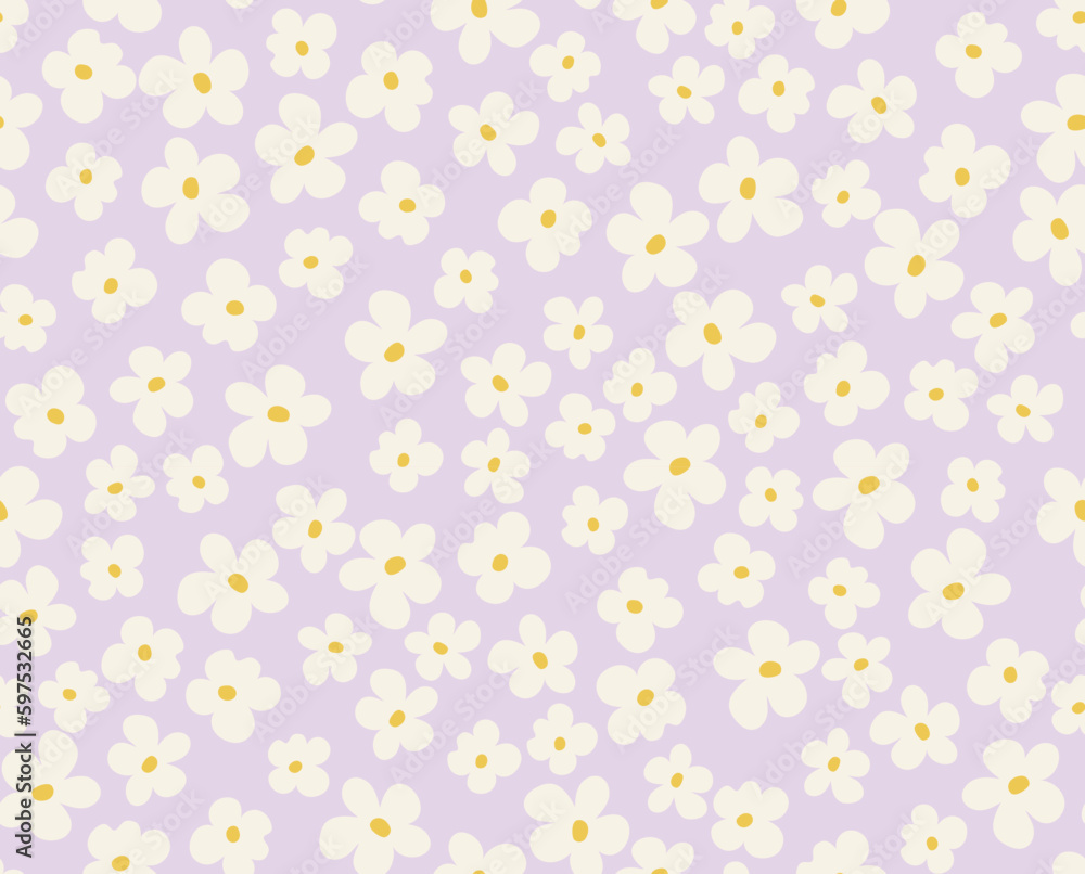 Cute seamless pattern of daisies. Small flowers on purple, ditsy floral background. Vector illustration.