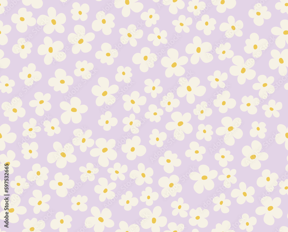 Cute seamless pattern of daisies. Small flowers on purple, ditsy floral background. Vector illustration. Cute seamless pattern of daisies. Small flowers on purple, ditsy floral background. Vector illustration.