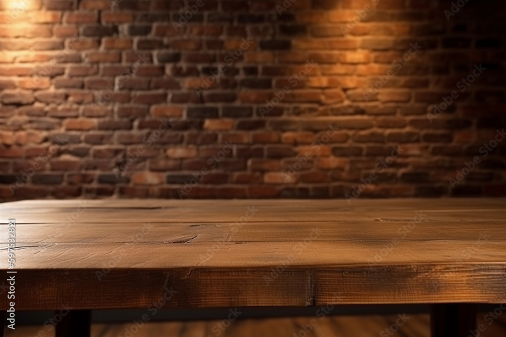 brick wall with blurred background with empty wooden table with free space for product display and mockup, copy space, small depth of field, ai generated – human enhanced brick wall with blurred background with empty wooden table with free space for product display and mockup, copy space, small depth of field, ai generated – human enhanced