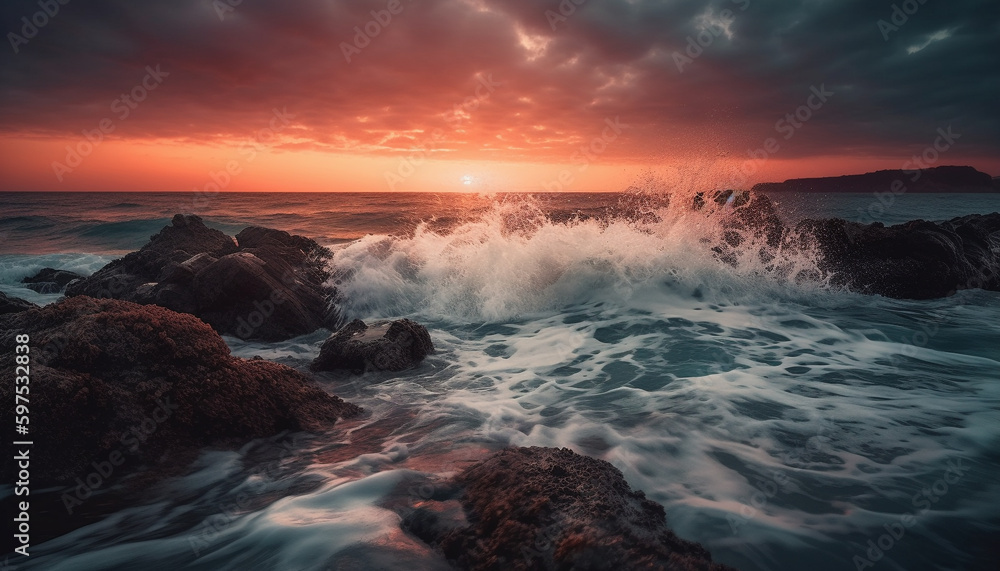 Fototapeta premium Sunset over tranquil waters, waves breaking softly generated by AI