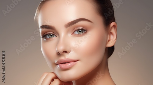 Portrait of woman  skincare and beauty cosmetics for shine  wellness or healthy glow on studio background. Happy model touching face after facial laser aesthetics  chemical peel and clean dermatology.