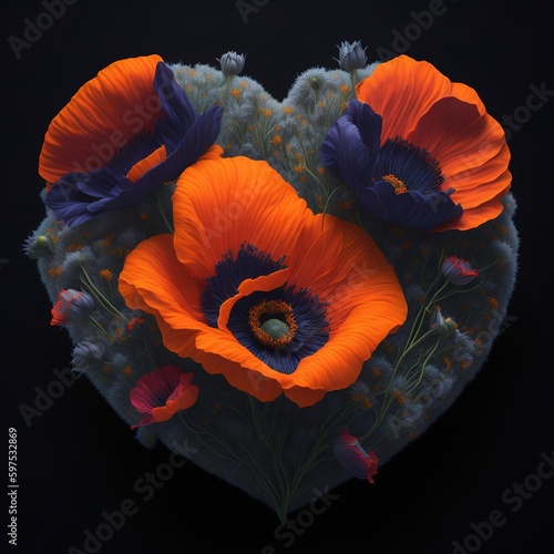 Heart of Poppies. Poppy on a black background. Bouquet of roses. Generative A.I. 