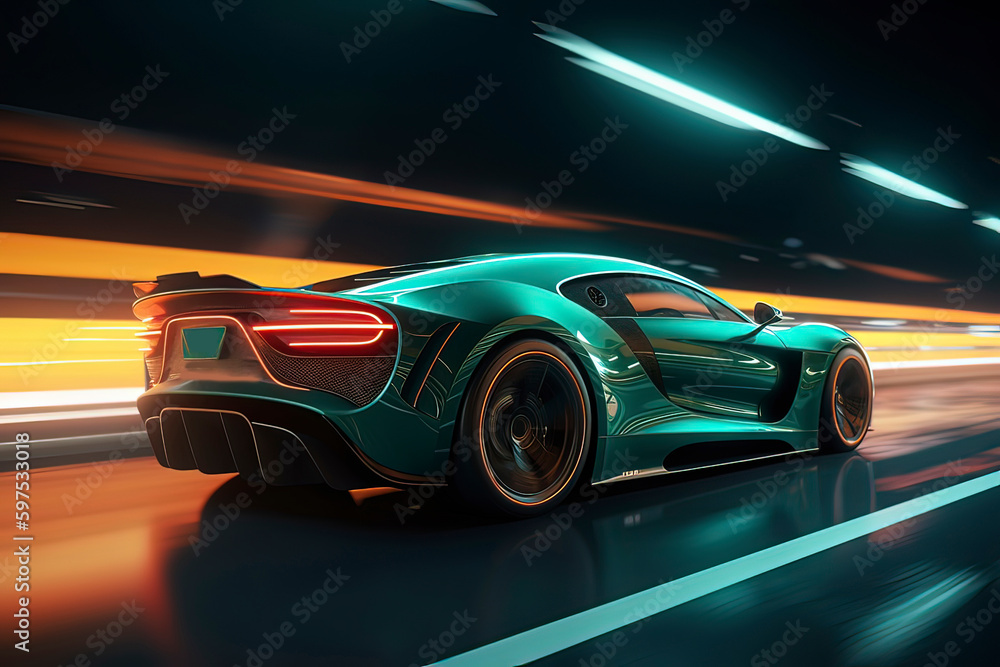 A high-speed sports car driving at night. AI technology generated image A high-speed sports car driving at night. AI technology generated image