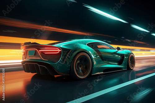 A high-speed sports car driving at night. AI technology generated image