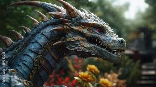 Cinematic Close-up of Majestic Dragon Statue: Hyper-Detailed with Insane Details in Beautifully Color Graded Martian Landscape Powered by Unreal Engine, Generative ai © Elena