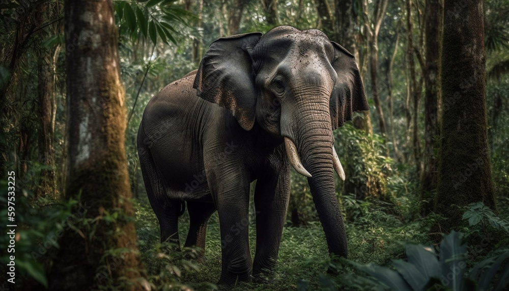 Elephant walking in tranquil tropical rainforest generated by AI