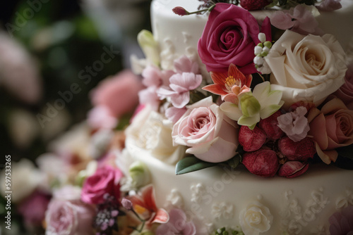 Elegant Two-Tiered Wedding Cake with Fresh Flowers