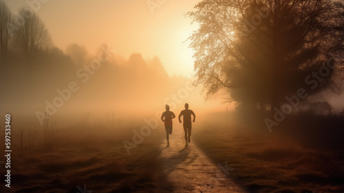 Jogging Sport im Morgenlicht / Abendlich. Neblige emotionale Stimmung, KI generiert