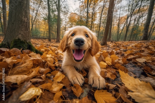 A happy golden retriever dog puppy playing with leaves in a autumn forest
