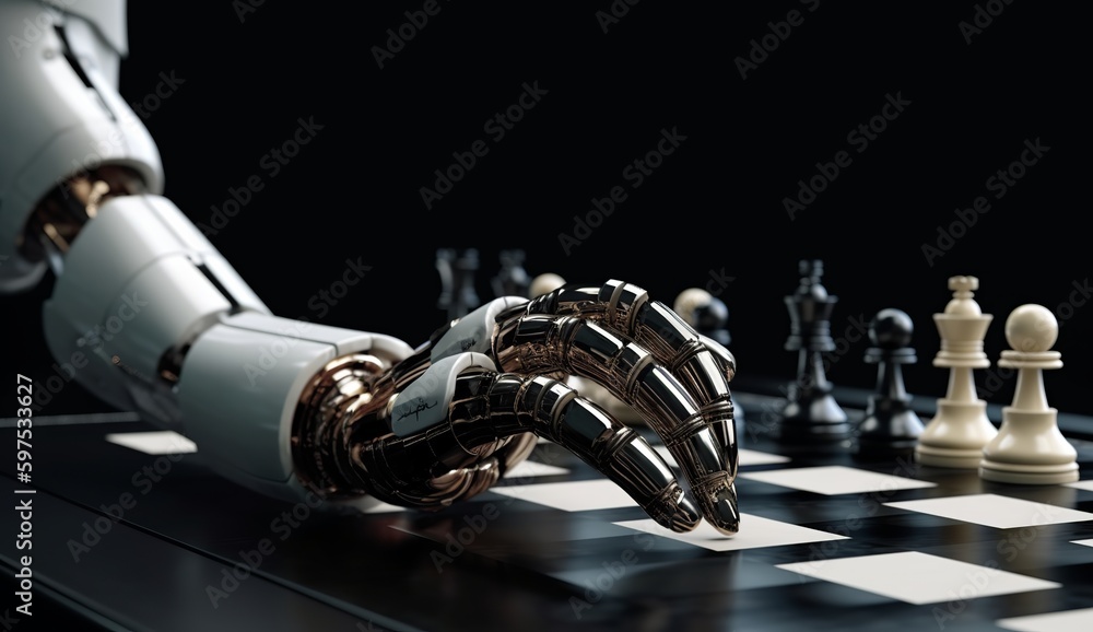 Naklejka premium Metalic robotic hand and chess piece with wooden board and some play figurines. Generative AI 