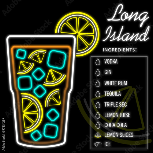 Long Island cocktail. neon cocktail. Ingredients of the Long Island cocktail. Vodka, Gin, Tequila, Rum, Triple Sec, Coca Cola Lemon, Ice.