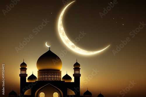 A photo of a mosque with the crescent moon and star EID Generative AI 