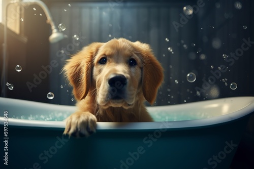 A happy golden retriever dog puppy with foam on the head taking a bath in a swedish design bathtub - dog grooming concept © EOL STUDIOS