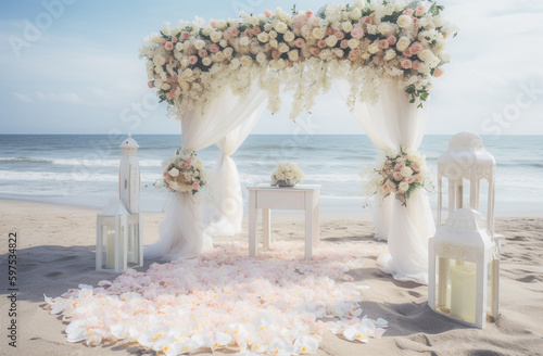 Romantic wedding ceremony on the beach. Wedding arch decorated with flowers © Fokasu Art