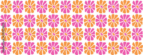 Two colors checkered floral border pattern, simple retro flowers. Trendy background in groovy style.Vectoe art. © Iryna
