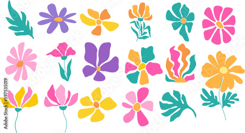 Simple colorful groovy flowers clipart. Abstract modern floral illustration in trendy bright color palette. Vector art.