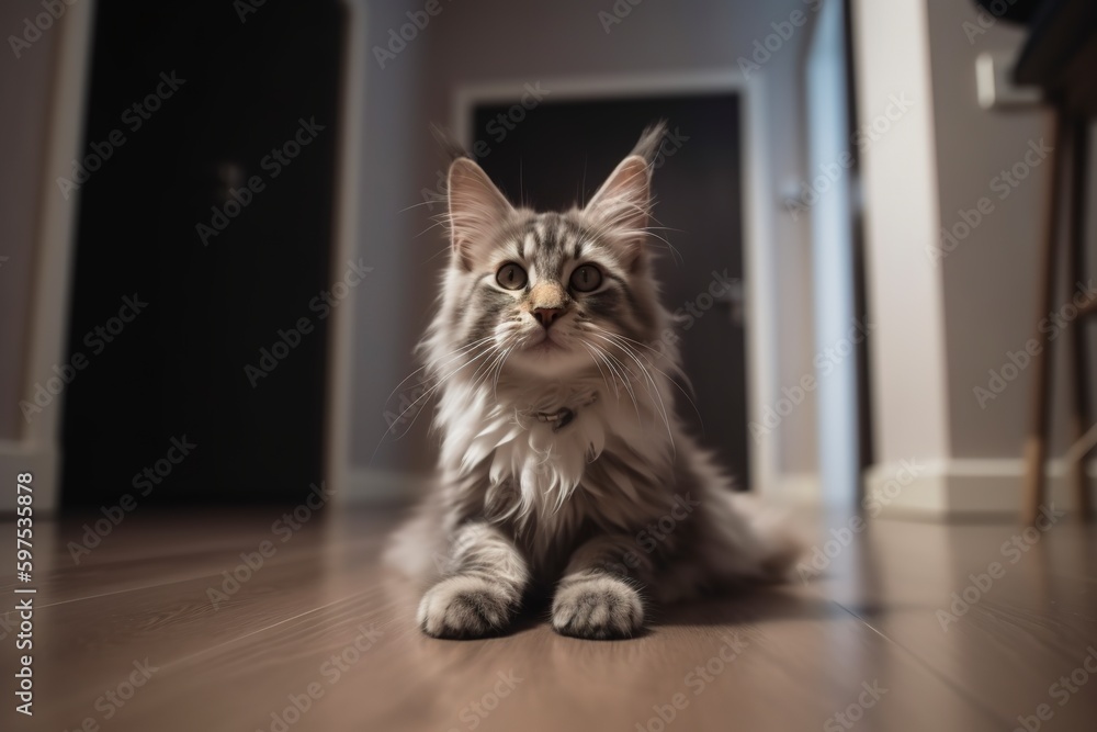 A happy Maine Coon cat puppy sitting in the entrance of a new bright home - animal adoption concept