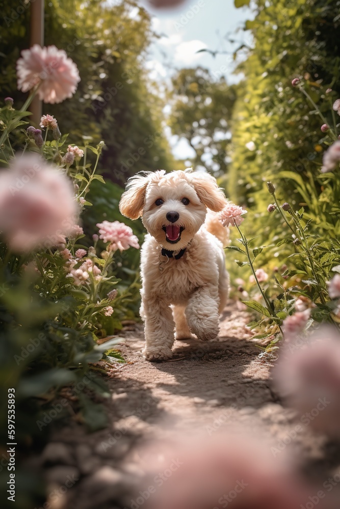 A happy poodle puppy playing in a beautiful home garden in spring, summer. Emotional cute dog outdoor concept. A happy poodle puppy playing in a beautiful home garden in spring, summer. Emotional cute dog outdoor concept.