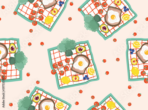Trendy cute garden Picnicwith summer Fruits Illustration , Vacation Holiday seamless pattern