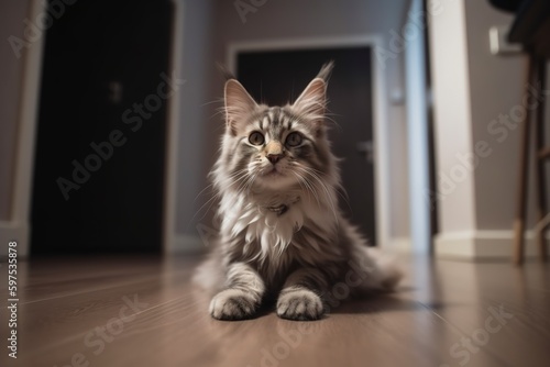 A happy Maine Coon cat puppy sitting in the entrance of a new bright home - animal adoption concept