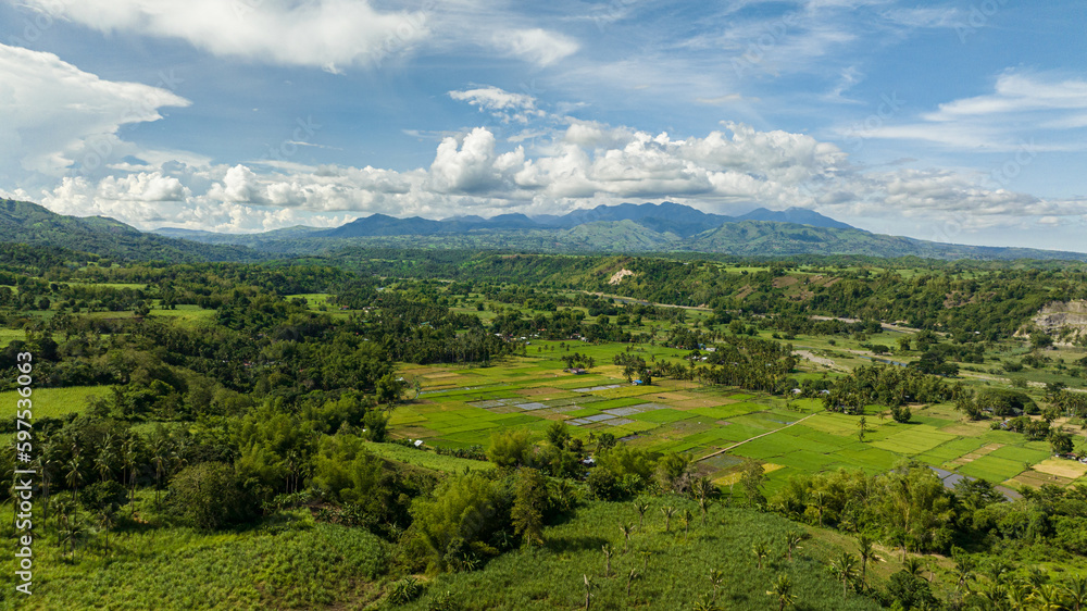 Mountain valley with agricultural land and rice fields. Negros, Philippines